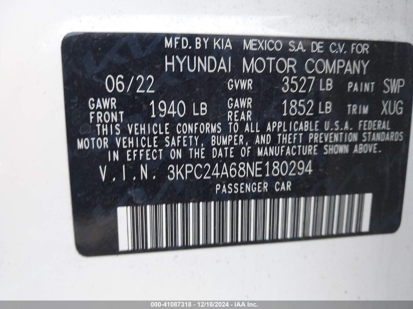 VIN 3KPC24A68NE180294 2022 Hyundai Accent, Sel no.9