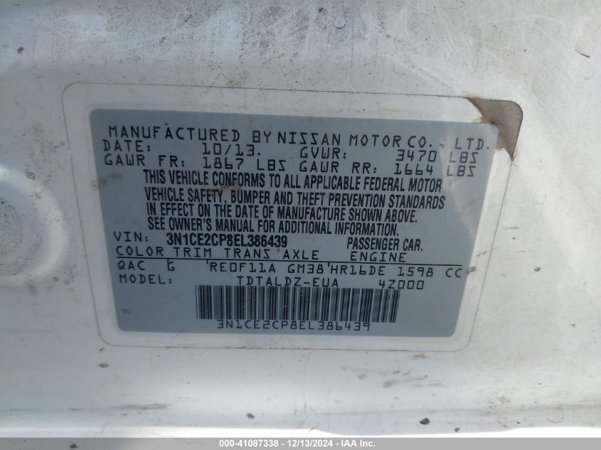 2014 Nissan Versa Note Sv VIN: 3N1CE2CP8EL386439 Lot: 41087338