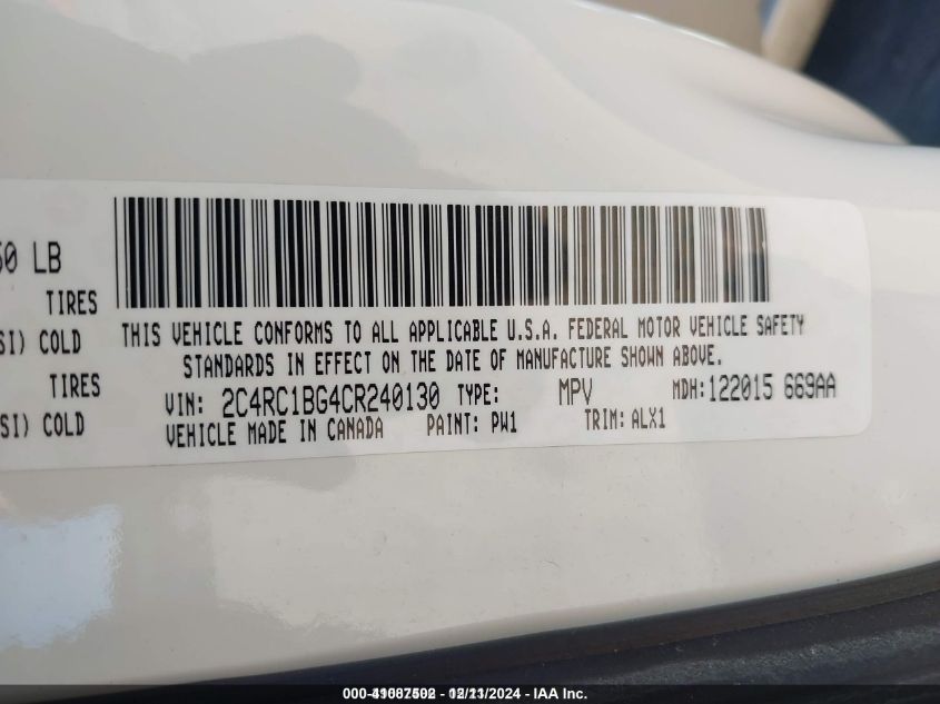 2012 Chrysler Town & Country Touring VIN: 2C4RC1BG4CR240130 Lot: 41087502