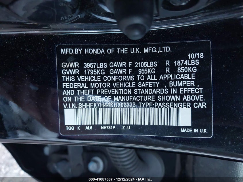 2019 HONDA CIVIC VIN: SHHFK7H44KU203223
