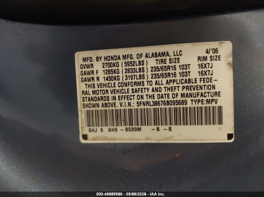 2006 Honda Odyssey Ex-L VIN: 5FNRL38676B095689 Lot: 41087566