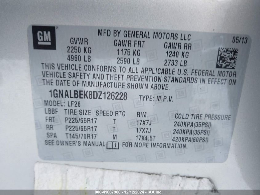 VIN 1GNALBEK8DZ126228 2013 Chevrolet Equinox, LS no.9