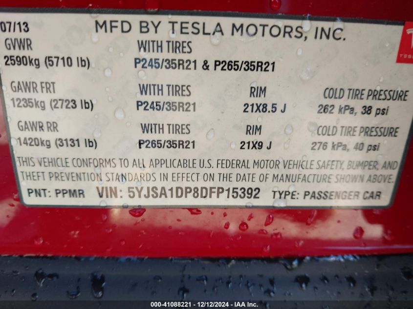 2013 Tesla Model S Performance VIN: 5YJSA1DP8DFP15392 Lot: 41088221