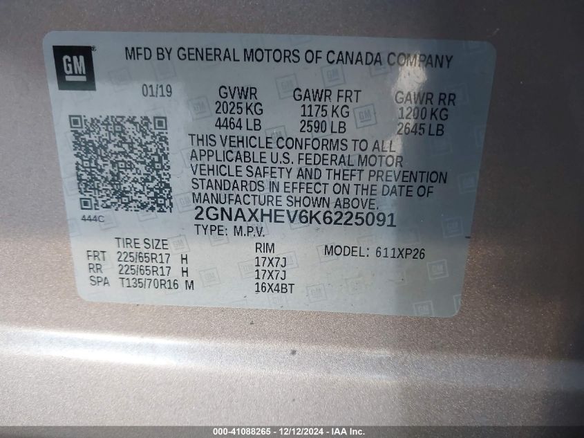 VIN 2GNAXHEV6K6225091 2019 Chevrolet Equinox, LS no.9