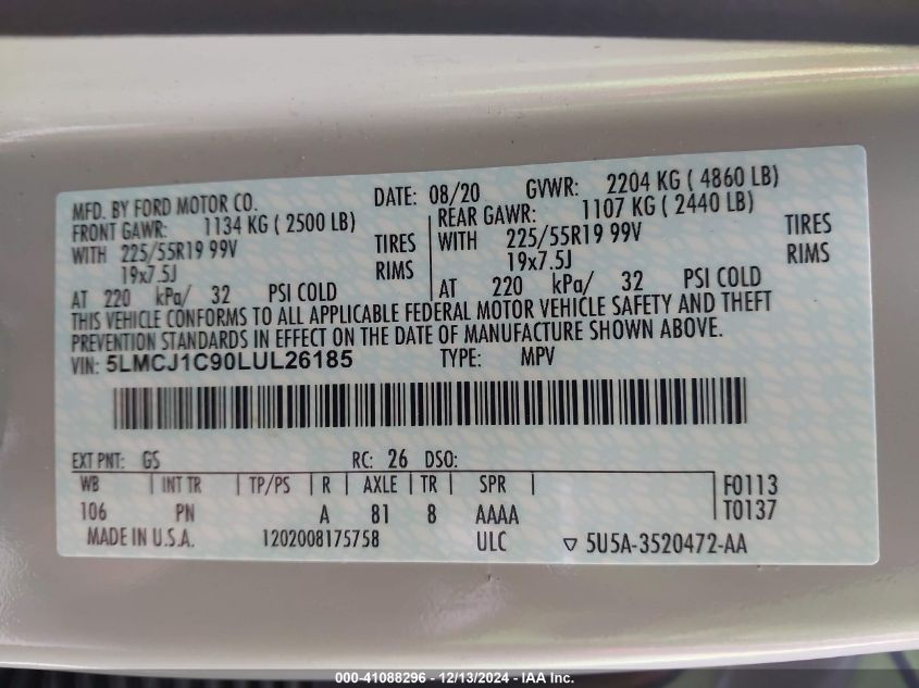 VIN 5LMCJ1C90LUL26185 2020 Lincoln Corsair, Standard no.9