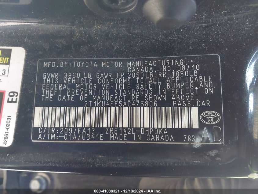 2010 TOYOTA COROLLA MATRIX VIN: 2T1KU4EE5AC475806