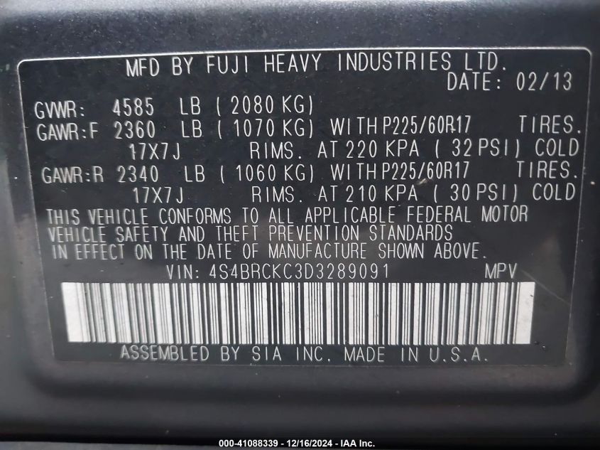 VIN 4S4BRCKC3D3289091 2013 Subaru Outback, 2.5I Lim... no.9