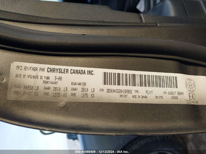 2008 Dodge Charger VIN: 2B3KA43G288295892 Lot: 41088409