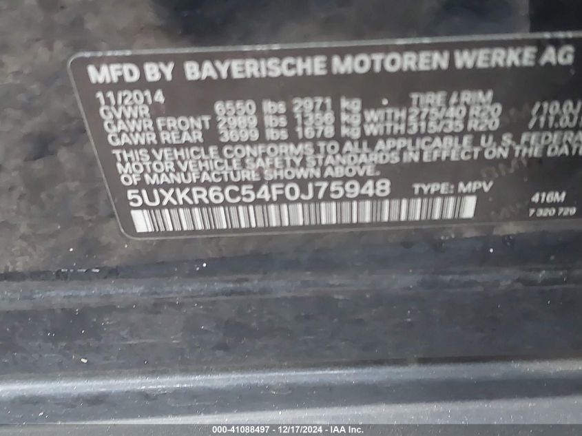 VIN 5UXKR6C54F0J75948 2015 BMW X5, Xdrive50I no.9