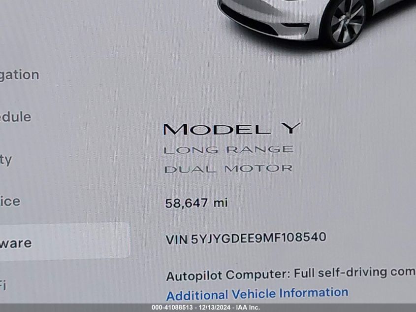 2021 Tesla Model Y Long Range Dual Motor All-Wheel Drive VIN: 5YJYGDEE9MF108540 Lot: 41088513