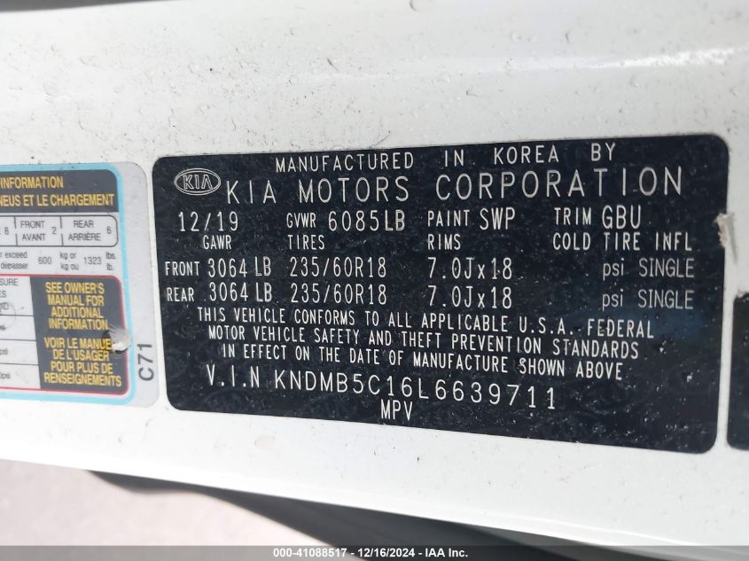 2020 Kia Sedona Ex VIN: KNDMB5C16L6639711 Lot: 41088517