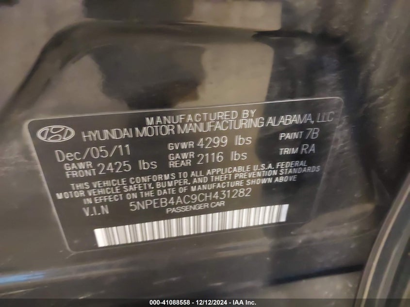 2012 HYUNDAI SONATA VIN: 5NPEB4AC9CH431282