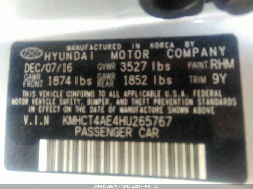 VIN KMHCT4AE4HU265767 2017 Hyundai Accent, SE no.9