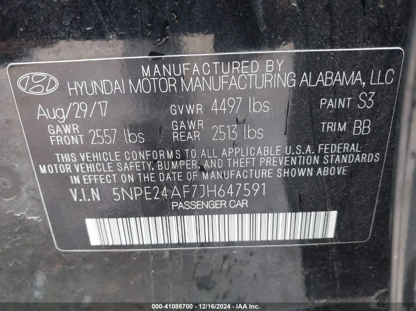 VIN 5NPE24AF7JH647591 2018 Hyundai Sonata, SE no.9