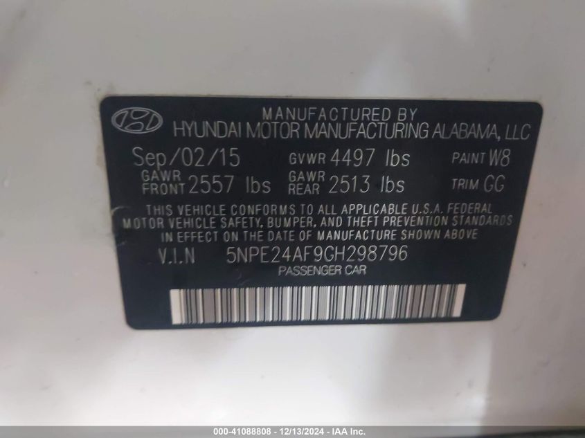 VIN 5NPE24AF9GH298796 2016 Hyundai Sonata, SE no.9