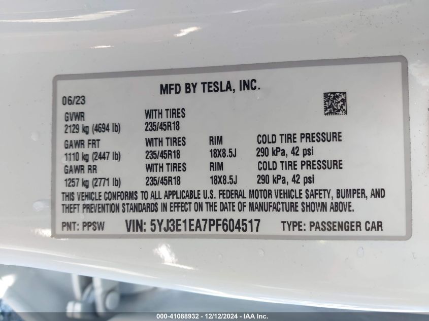 2023 Tesla Model 3 Rear-Wheel Drive VIN: 5YJ3E1EA7PF604517 Lot: 41088932