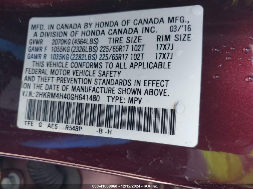 VIN 2HKRM4H40GH641480 2016 HONDA CR-V no.9