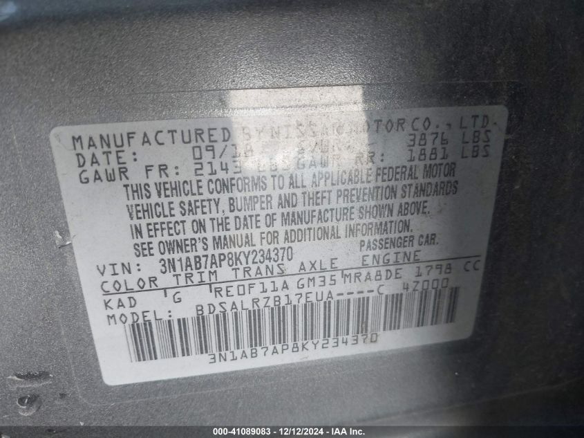 VIN 3N1AB7AP8KY234370 2019 NISSAN SENTRA no.9