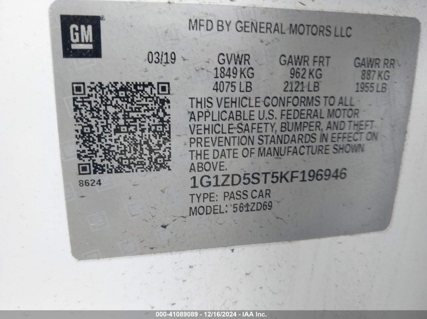 2019 CHEVROLET MALIBU LT - 1G1ZD5ST5KF196946