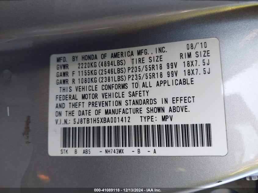 2011 ACURA RDX VIN: 5J8TB1H5XBA001412