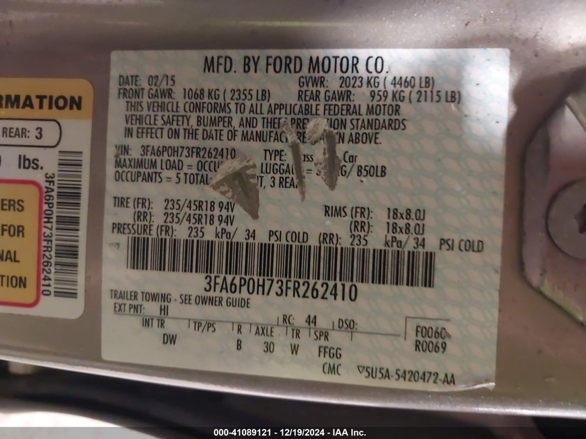 2015 FORD FUSION VIN: 3FA6P0H73FR262410