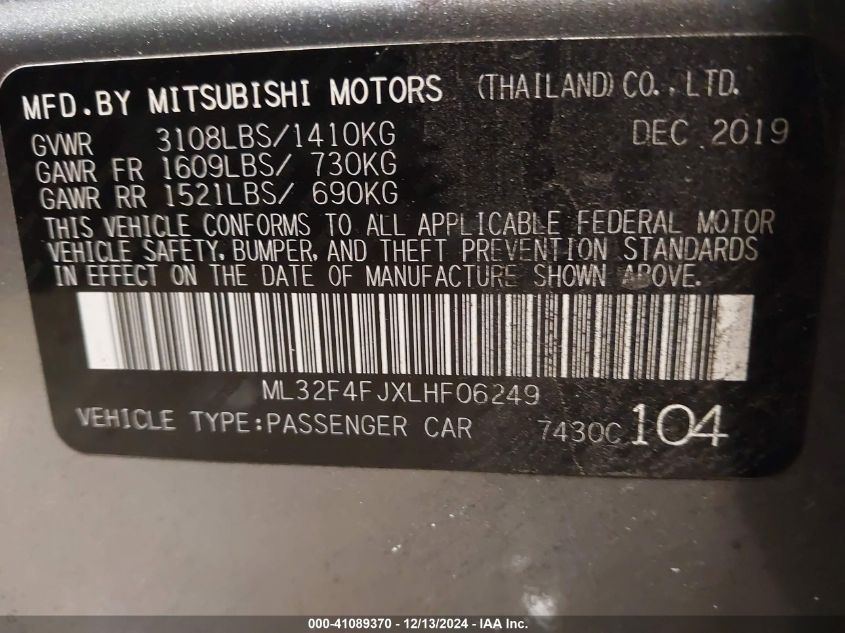 VIN ML32F4FJXLHF06249 2020 MITSUBISHI MIRAGE G4 no.9