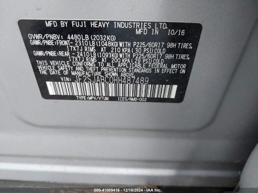 VIN JF2SJABC0HH487489 2017 Subaru Forester, 2.5I no.9