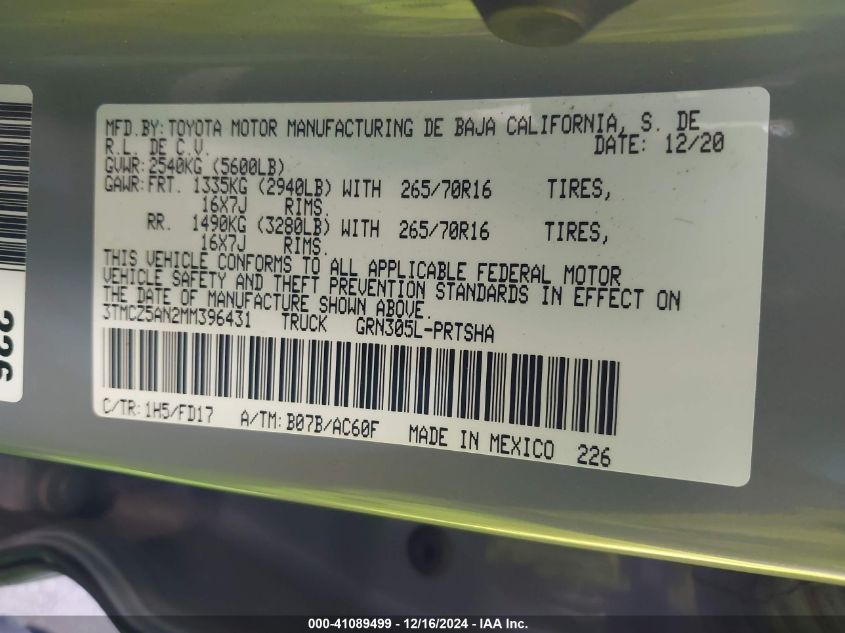 2021 Toyota Tacoma Double Cab/Sr/Sr5/Trd Sport/Trd Off Road/Trd Pro VIN: 3TMCZ5AN2MM396431 Lot: 41089499