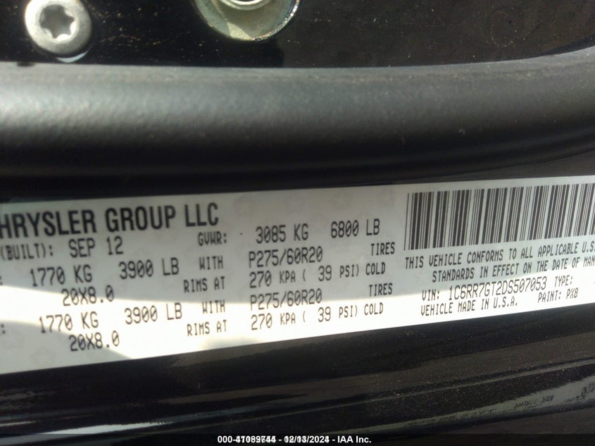 2013 RAM 1500 VIN: 1C6RR7GT2DS507053