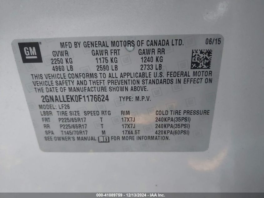 VIN 2GNALLEK0F1176624 2015 Chevrolet Equinox, L no.9