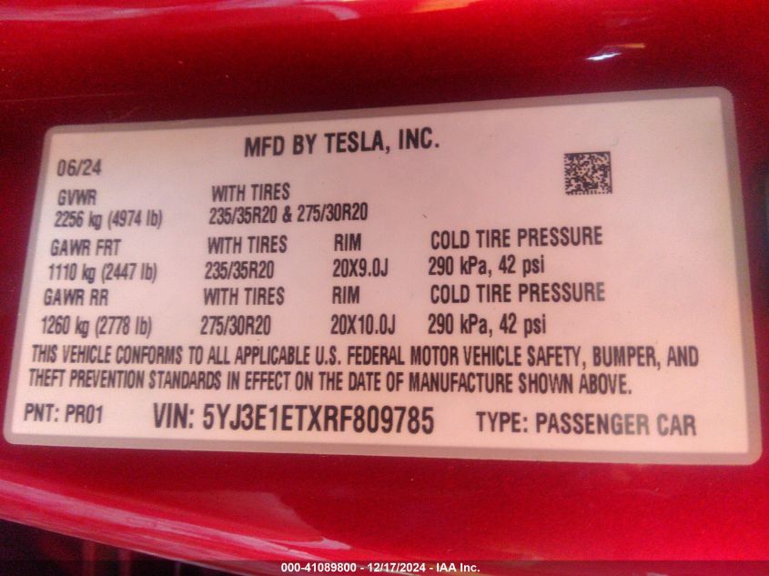 2024 Tesla Model 3 Performance All-Wheel Drive VIN: 5YJ3E1ETXRF809785 Lot: 41089800