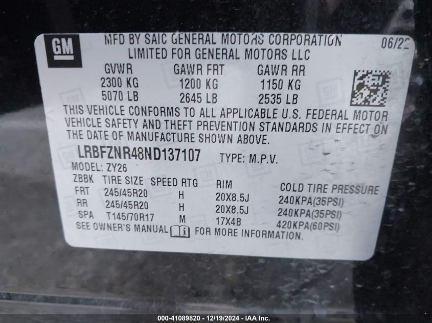 VIN LRBFZNR48ND137107 2022 Buick Envision, Fwd Essence no.9