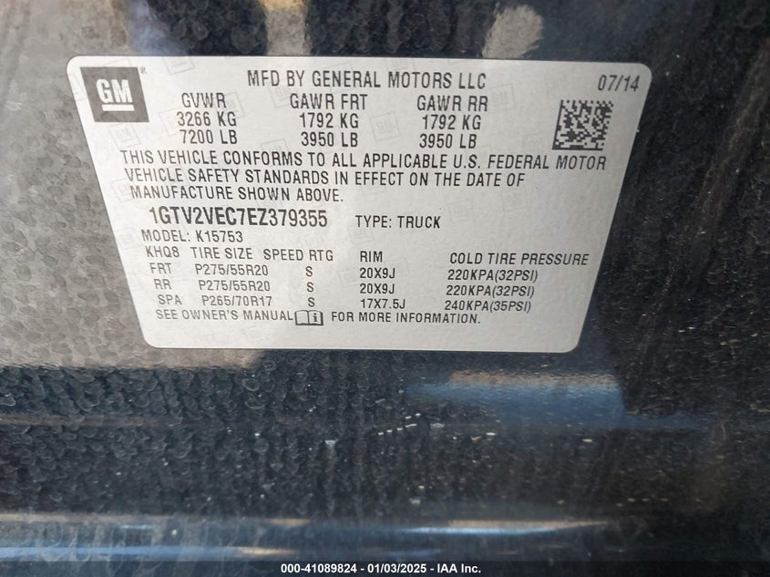 2014 GMC SIERRA 1500 VIN: 1GTV2VEC7EZ379355