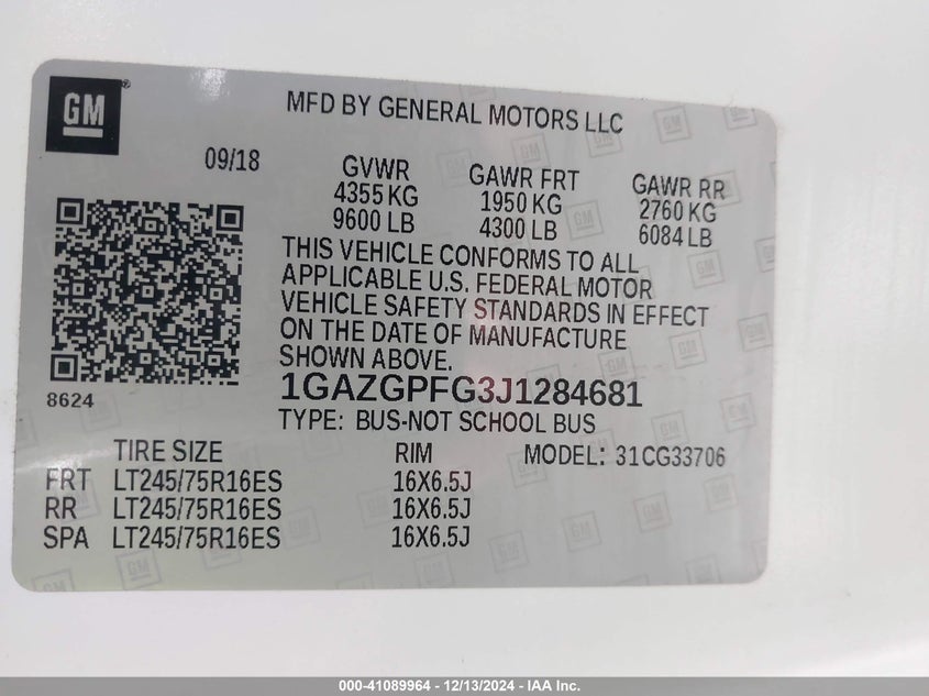 2018 CHEVROLET EXPRESS 3500 LT - 1GAZGPFG3J1284681