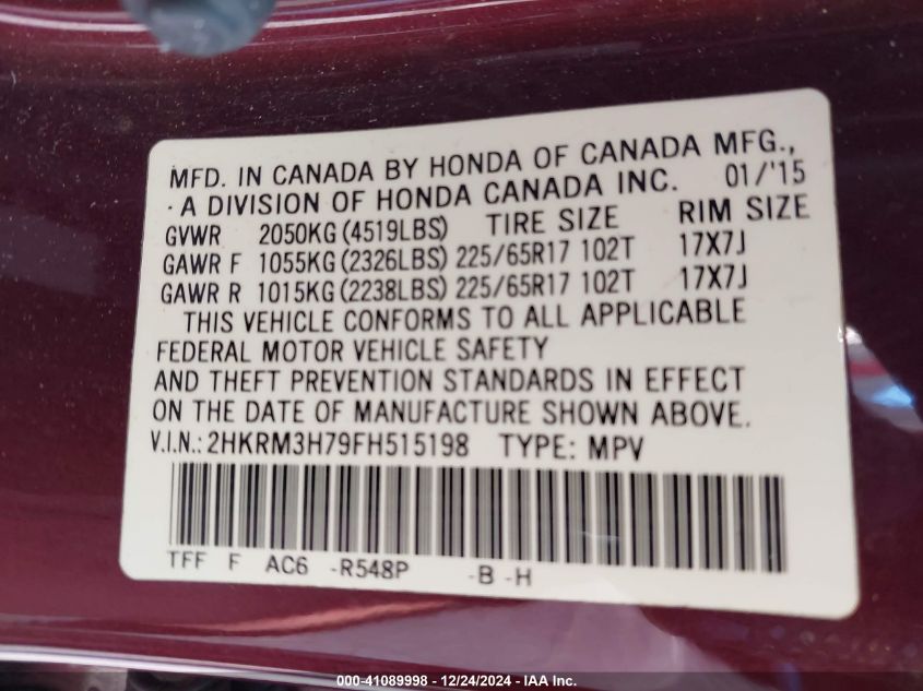 VIN 2HKRM3H79FH515198 2015 Honda CR-V, Ex-L no.9