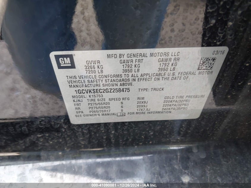 2016 CHEVROLET SILVERADO 1500 2LZ - 1GCVKSEC2GZ258475