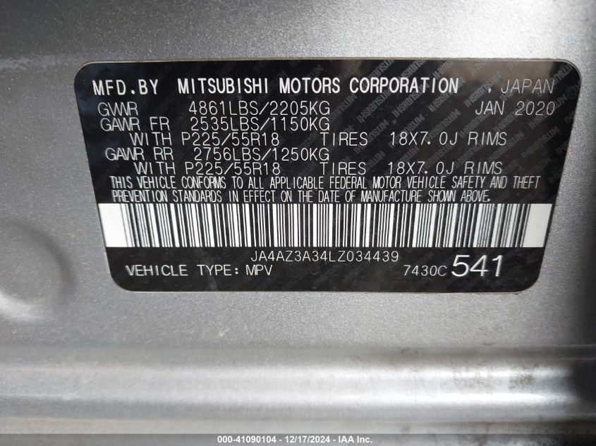 2020 Mitsubishi Outlander Sel 2.4 VIN: JA4AZ3A34LZ034439 Lot: 41090104