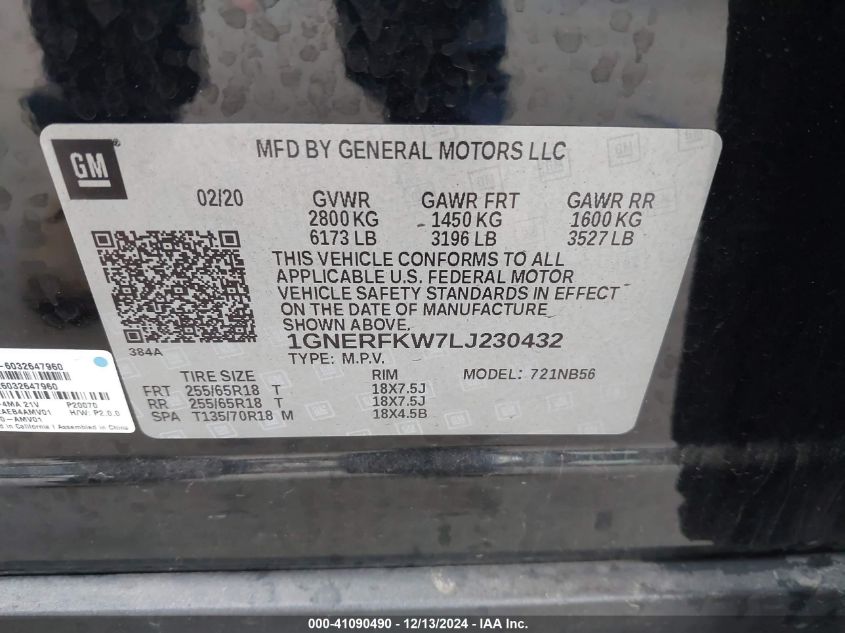 VIN 1GNERFKW7LJ230432 2020 Chevrolet Traverse, Fwd Ls no.9