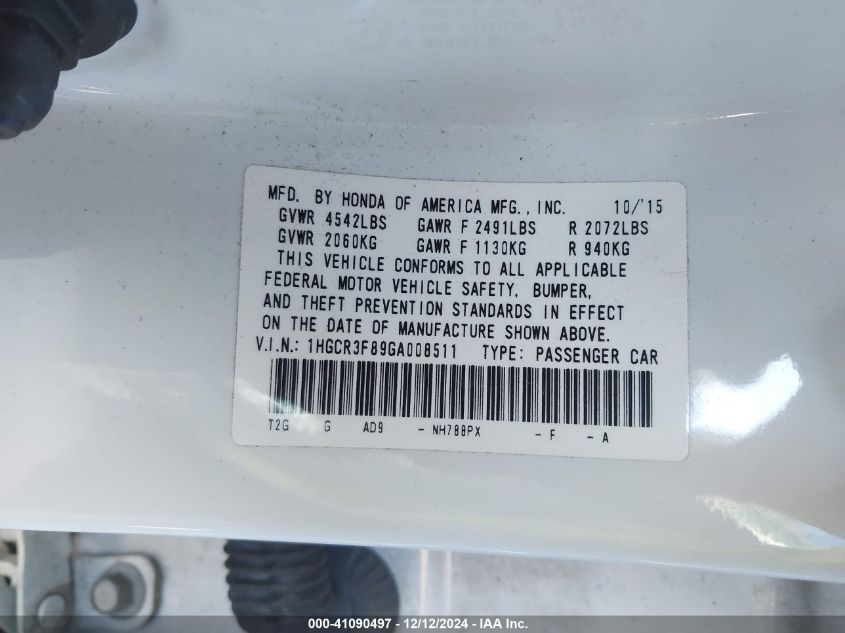 VIN 1HGCR3F89GA008511 2016 Honda Accord, Ex-L V-6 no.9