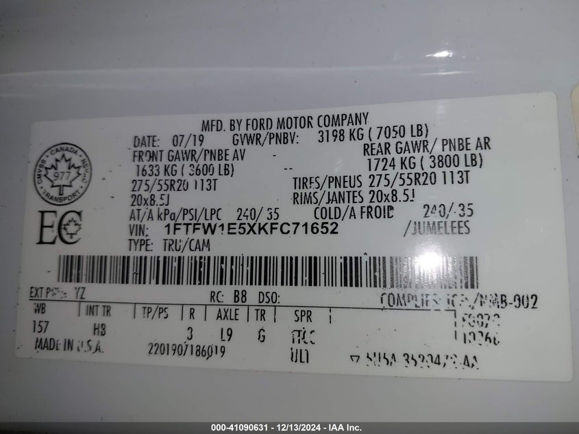 2019 FORD F-150 VIN: 1FTFW1E5XKFC71652