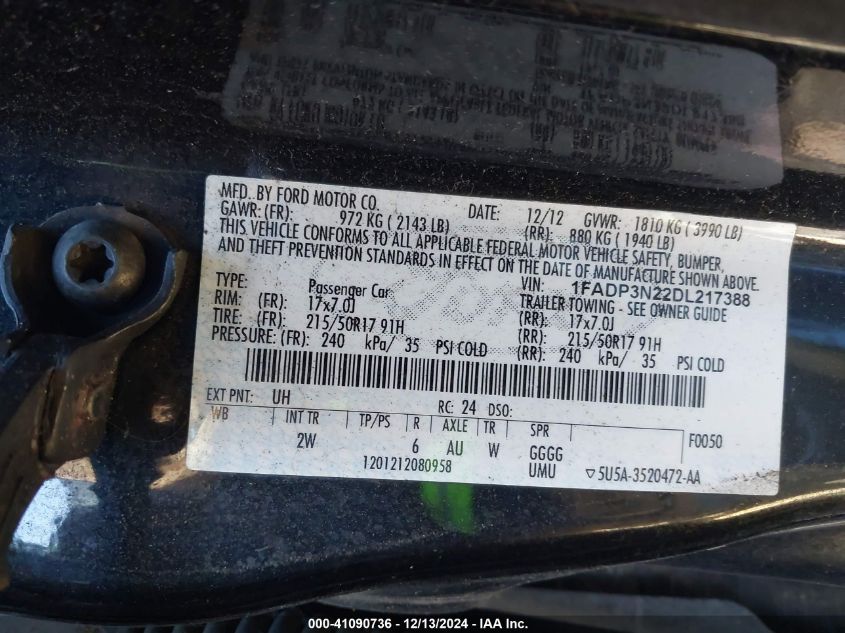 VIN 1FADP3N22DL217388 2013 Ford Focus, Titanium no.9