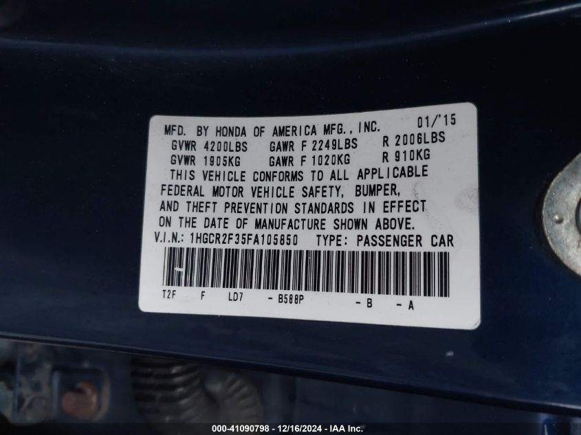 VIN 1HGCR2F35FA105850 2015 Honda Accord, LX no.9