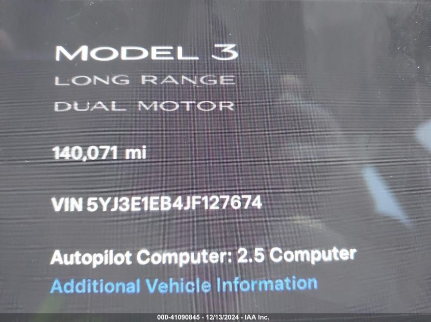 2018 Tesla Model 3 Long Range/Performance VIN: 5YJ3E1EB4JF127674 Lot: 41090845