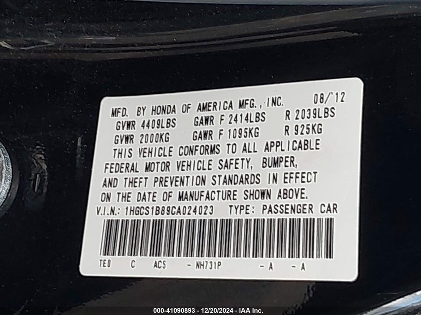 2012 HONDA ACCORD VIN: 1HGCS1B89CA024023