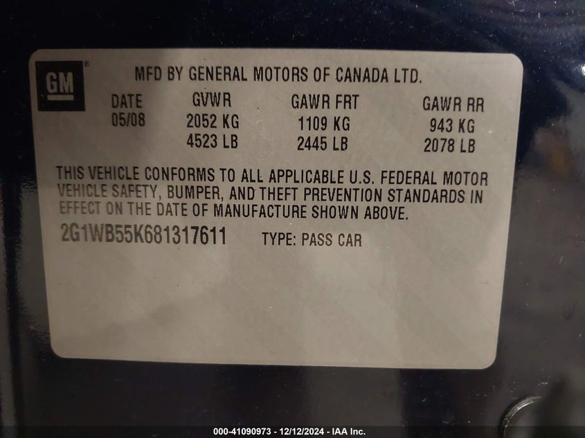 2008 CHEVROLET IMPALA VIN: 2G1WB55K681317611
