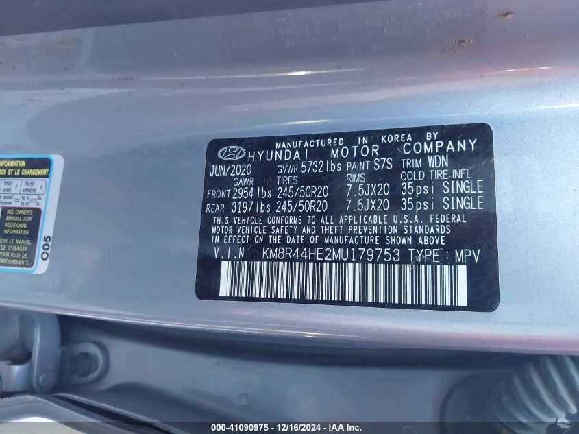 2021 Hyundai Palisade Sel VIN: KM8R44HE2MU179753 Lot: 41090975