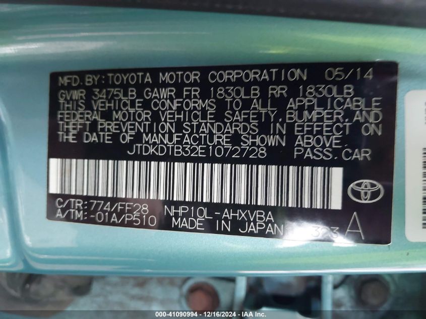 2014 Toyota Prius C VIN: JTDKDTB32E1072728 Lot: 41090994