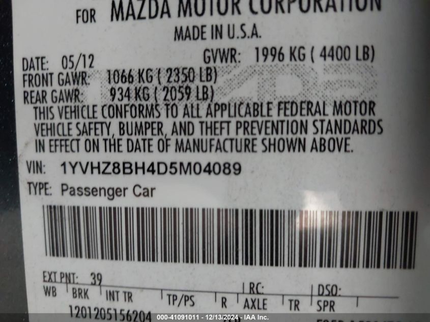 VIN 1YVHZ8BH4D5M04089 2013 MAZDA MAZDA6 no.9