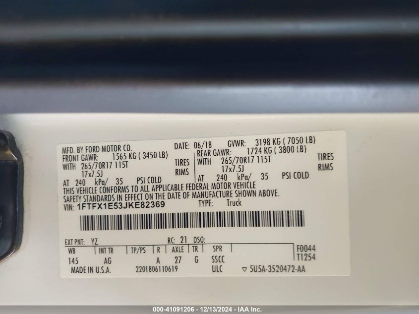 2018 Ford F-150 Xl VIN: 1FTFX1E53JKE82369 Lot: 41091206