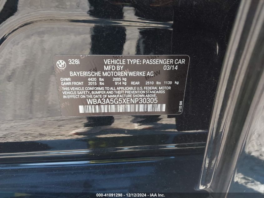 VIN WBA3A5G5XENP30305 2014 BMW 3 Series, 328I no.9